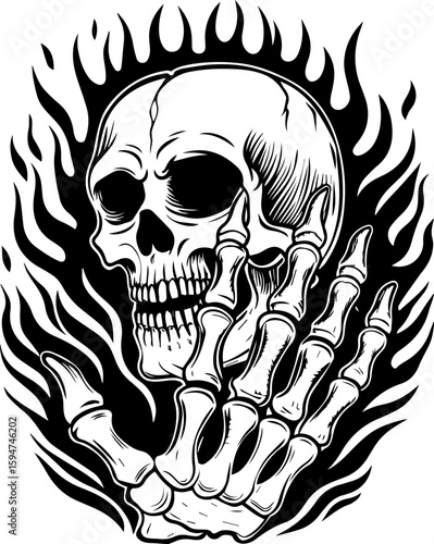 SVG screaming skull in horror tattoo style. Skull with Flame Design Featuring a Hand Gesture in Black and White