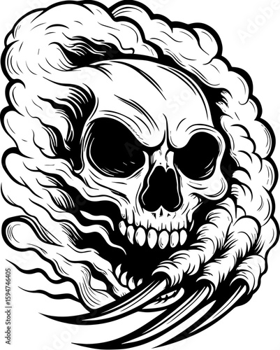 SVG screaming skull in horror tattoo style. Monochrome Skull Illustration with Smoky Effects and Sharp Claws
