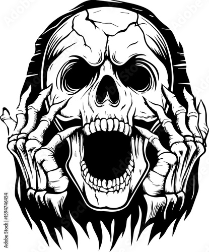 SVG screaming skull in horror tattoo style. Scary Skull Illustration with Hands Reaching Out in Black and White
