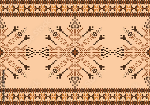 seamless pixel pattern features a vivid brown palette with symmetric geometric floral motifs. Traditional Thai textile influence blends with digital pixel art, creating a modern cultural aesthetic.