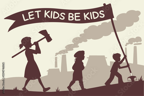 Silhouette illustration of children marching with banner that says let kids be kids in the foreground