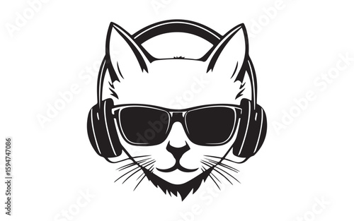 Cool Cat DJ Logo with Headphones and Sunglasses  Minimalist Music Icon Design