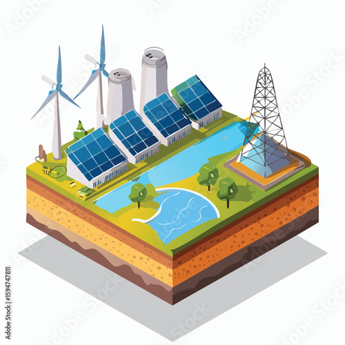 Isometric illustration depicting a mix of renewable and non-renewable energy sources including wind turbines, solar panels, cooling towers, and an oil rig, s...