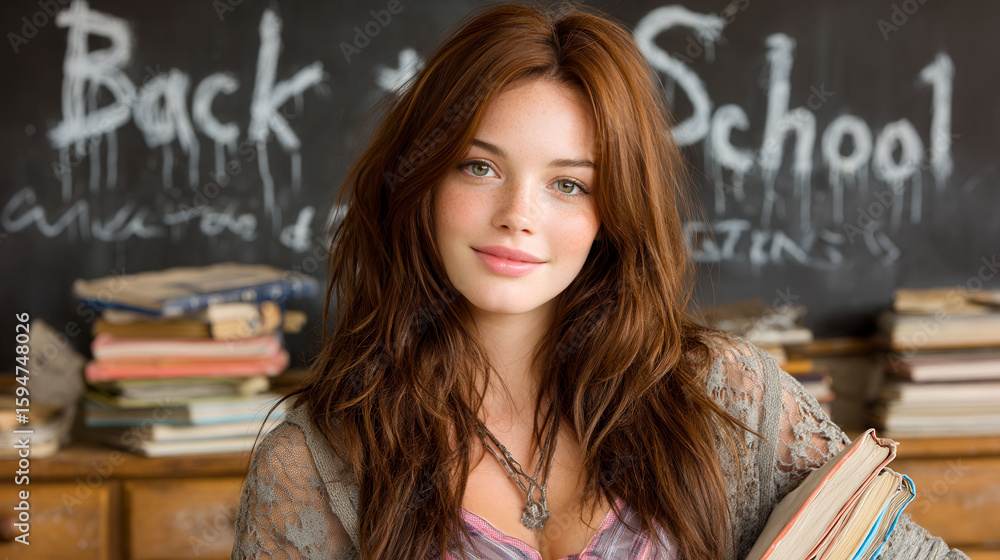 Fototapeta premium A girl with long brown hair is sitting in front of a chalkboard with the words 