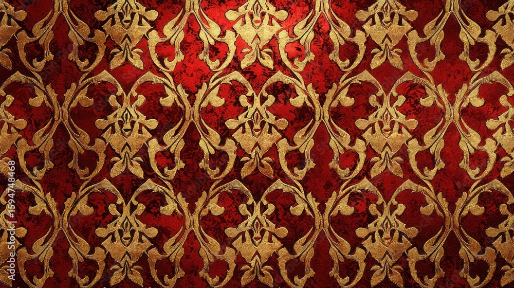 A red and gold ornate pattern on a dark red background.