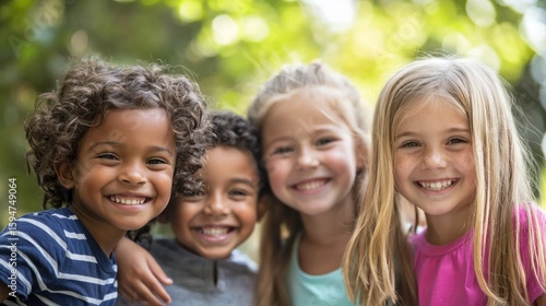 Four children smiling outdoors.