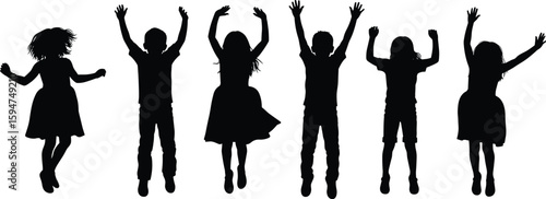 happy kids in motion, playful group celebration, carefree childhood energy, dynamic poses, fun outdoor activity, expressive movement illustration