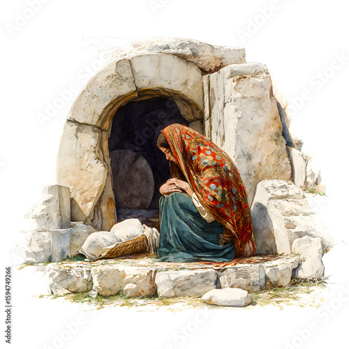Mary Magdalene at the Tomb of Jesus - Watercolor Illustration of Easter Story, Resurrection, Faith, Grief, and Hope (Religious Art)