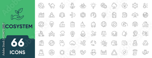Ecosystem Line Icon Set. Set of 66 outline icons including nature, biodiversity, plants, animals, habitat, balance, and environmental elements. Editable stroke. Linear vector illustration.