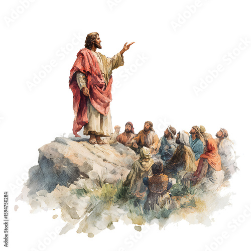 Jesus Preaching Sermon on the Mount Watercolor Illustration