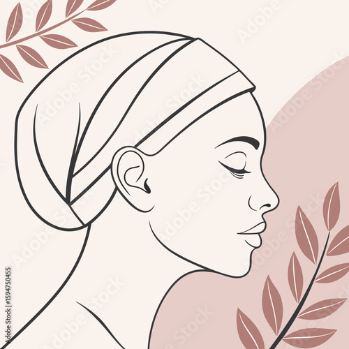 Elegant woman’s profile with head wrap surrounded by floral elements in soft tones