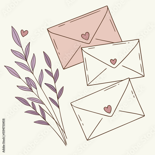 Artistic envelopes with hearts and leaves in a charming illustration style