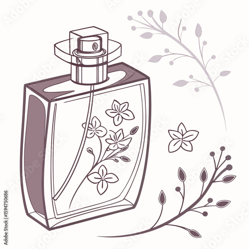 Elegant perfume bottle with floral design and decorative elements in soft tones