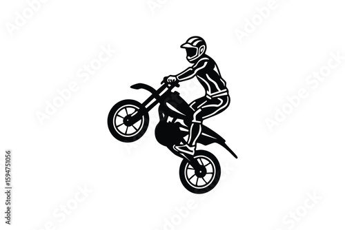 Dynamic Motocross Rider Performing a Wheelie Stunt in Bold Black Silhouette Style on a White Background for Sport and Design silhouette