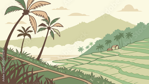 Exotic destinations in colorful style, serene mood - vector illustration
