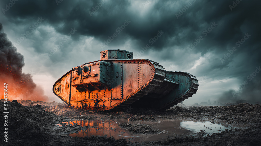 Obraz premium Vintage Military Tank Combat War Vehicle Landscape Armored Soldier Explosion Smoke Clouds Darkness Destruction Rusty Metal Battle Wreckage Historical Artillery Cannon Terrain Battlefield Warfare 