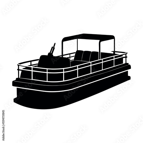 Pontoon boat with wide flat base and canopy Silhouette Vector illustration