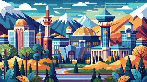 Almaty Kazakhstan Leafy avenues and snow-capped mountains frame this vibrant city. Soviet-style monuments and modern glass buildings add contrast for compelling vector scenes.