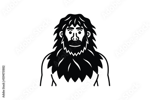 Cartoon Caveman with Bushy Hair and Beard in Black and White Silhouette Style Isolated on White Background Vector Illustration silhouette