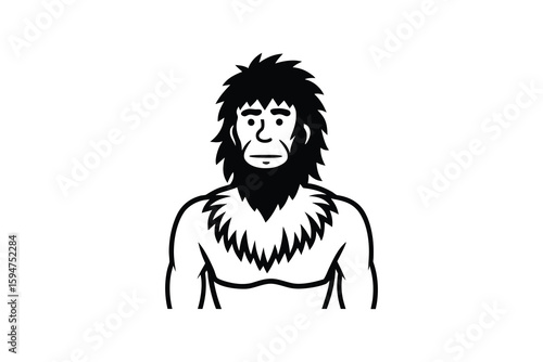 Primitive Human Ancestor with Fur Collar in Black and White Silhouette Style Representing Early Man and Evolution of Species on Isolated Background silhouette