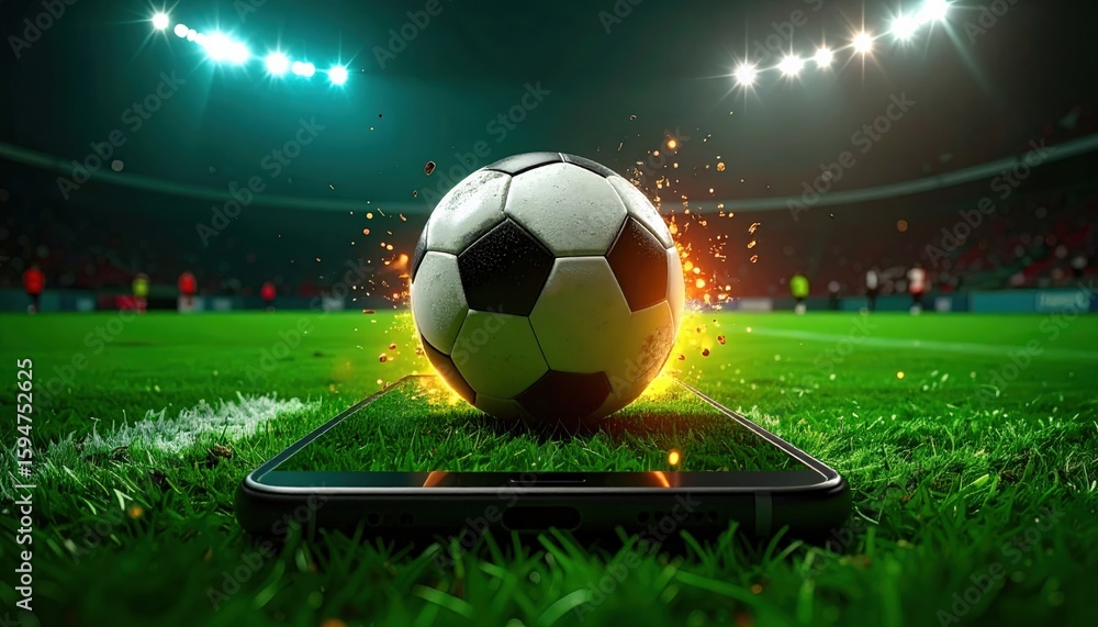 Naklejka premium Football Action on Mobile: Experience the Game Anywhere, around the football a white glow is coming from behind