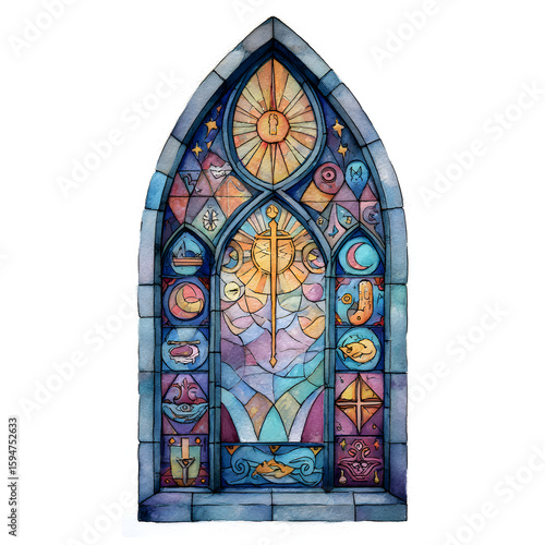 Watercolor Stained Glass Window Illustration with Mystical Symbols, Archway Design for Fantasy, Gothic, and Spiritual Themes (Isolated)