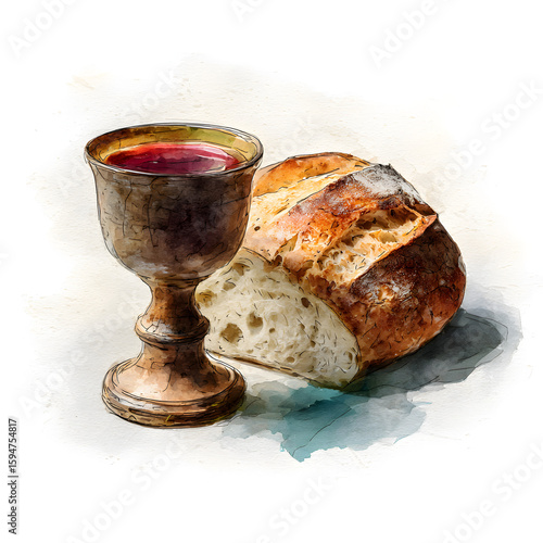 Watercolor Illustration of Chalice and Bread: Communion, Eucharist, Last Supper, Religious Symbolism