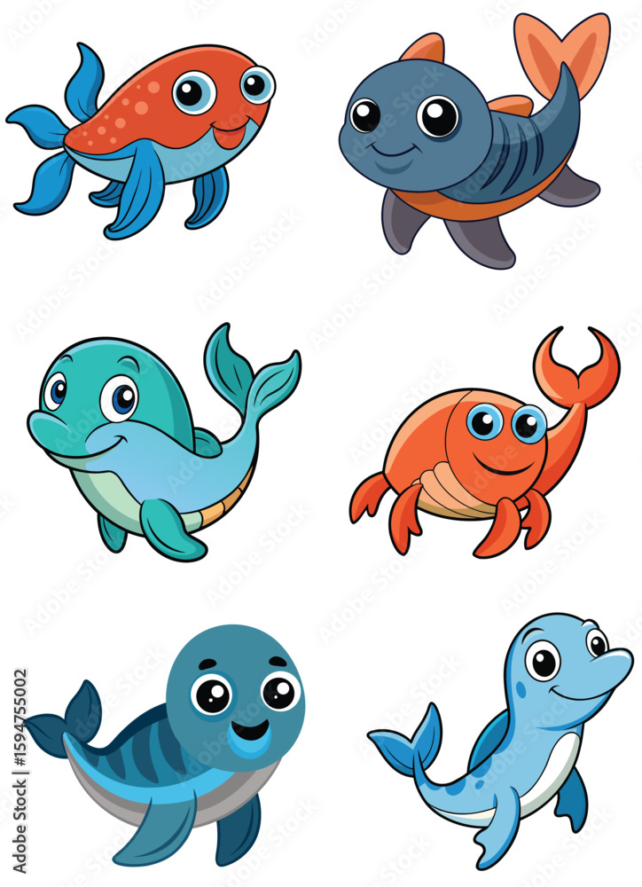 Fototapeta premium Sea fish and animal icon set