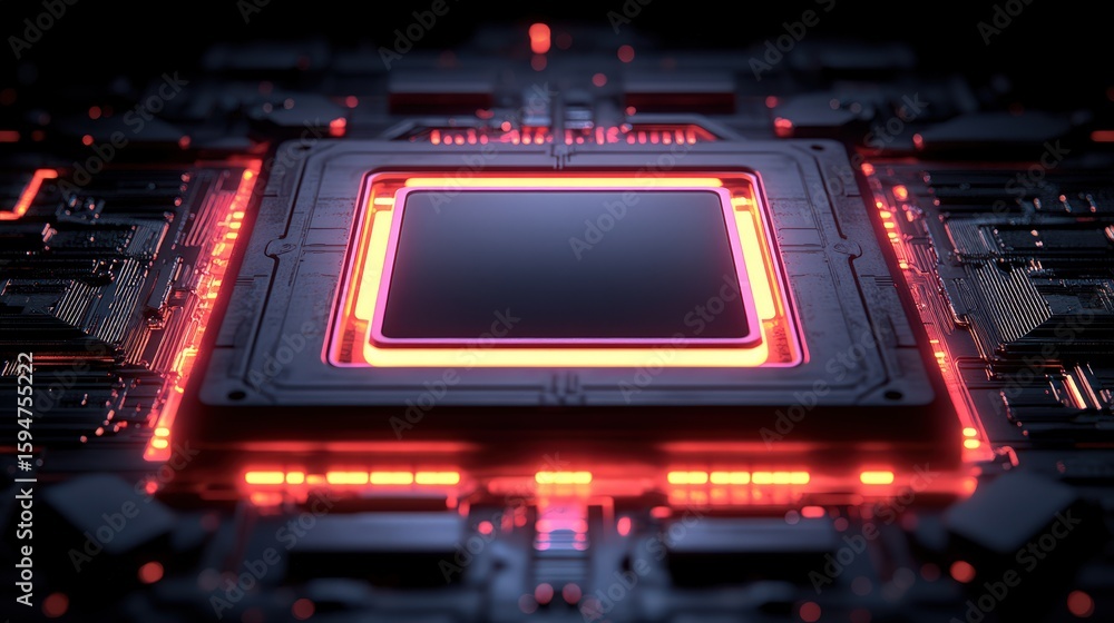 Obraz premium Intricate microchip design illuminated by vibrant red lights showcasing cutting-edge technology
