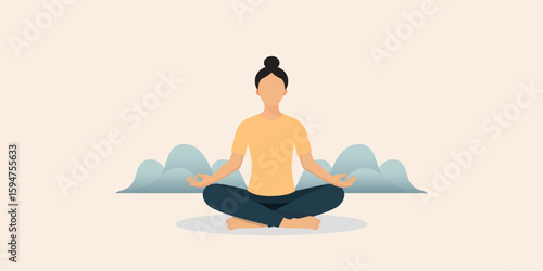Woman meditating, taking care of her mental health, to gather her thoughts and think about her goals. She is sitting cross-legged, the background shows tranquility without disturbing others.