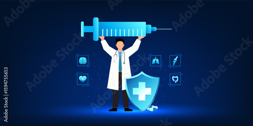 Medical technology, a doctor holding a syringe, represents the invention of medicine to treat patients, leading to the development of new and effective medicines and treatments for emerging diseases.