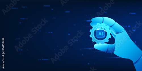 Agent AI Robotic hand holding a chip. Artificial intelligence represents AI technology embedded in modern hardware to automatically process and scan data. Intelligent systems