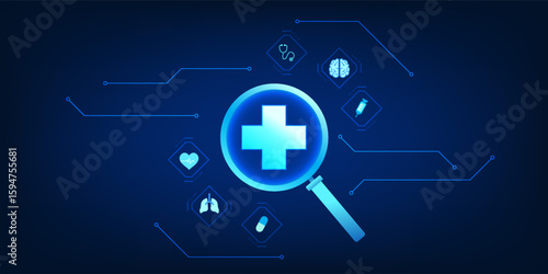 Health care technology Magnifying glass used to view medical icons, showing technology and medicine that helps find new treatment and diagnosis information for patients.