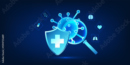 Medical technology, magnifying glasses for viewing viruses, showing the development of vaccines against viruses of the disease, for the prevention of diseases that come with the virus and treatment.