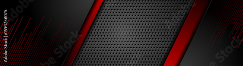 Red and black abstract glossy stripes on metallic perforated background. Technology vector banner design