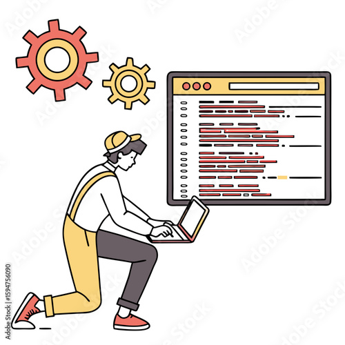 A Male Programmer Kneeling and Working on a Laptop with Code on a Large Screen