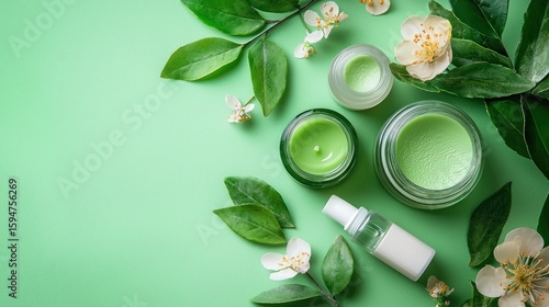 Green and white floral arrangement with green leaves and white flowers on a green background.