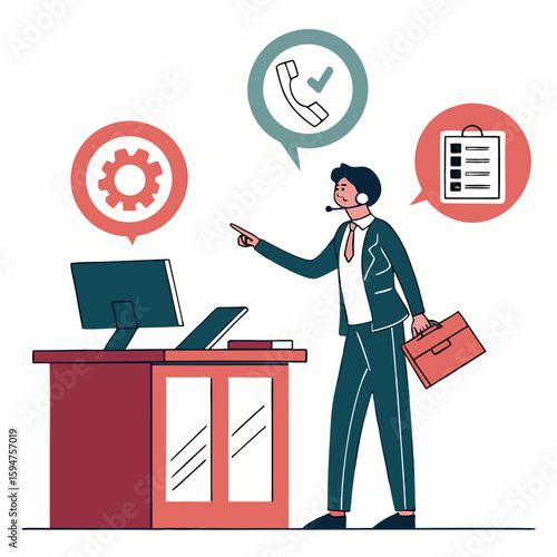 Businessman in Headset Providing Customer Support at Desk