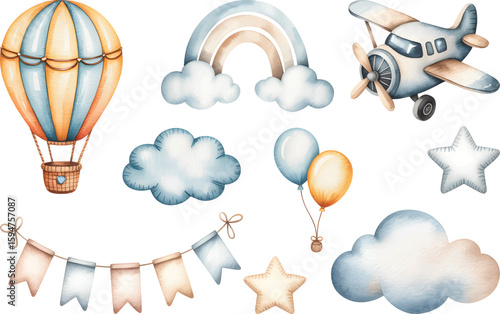 Watercolor balloons, plane, rainbow and clouds. Watercolor set with hot air balloon and clouds baby shower set.