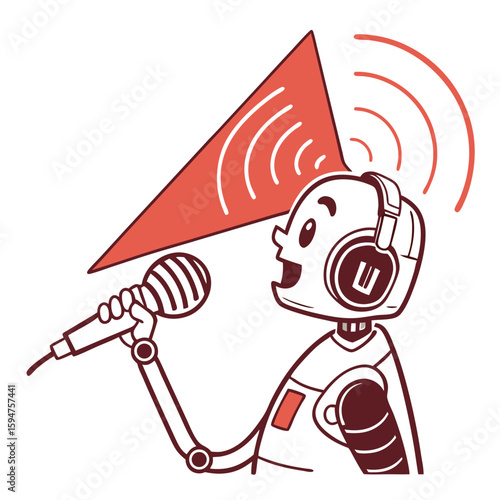 Cheerful Robot Singing into Microphone with Sound Waves Illustration