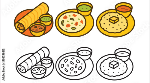 South Indian Food Vector Set – Dosa, Uthappam, and Pongal with Chutneys and Sambar