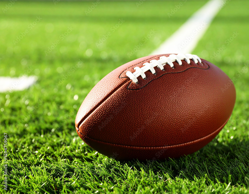 Close up of a classic brown leather american football resting on a vibrant green sports field with a white line Close up of a classic brown leather american football resting on a vibrant green sports field with a white line
