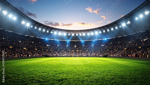3D Render of Brightly Lit Football Stadium with Packed Crowd and Empty Field for Championship Events