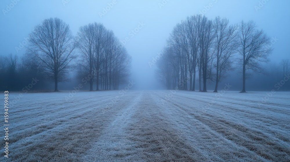 Fototapeta premium Frosty field path lined with bare trees in a misty winter landscape.