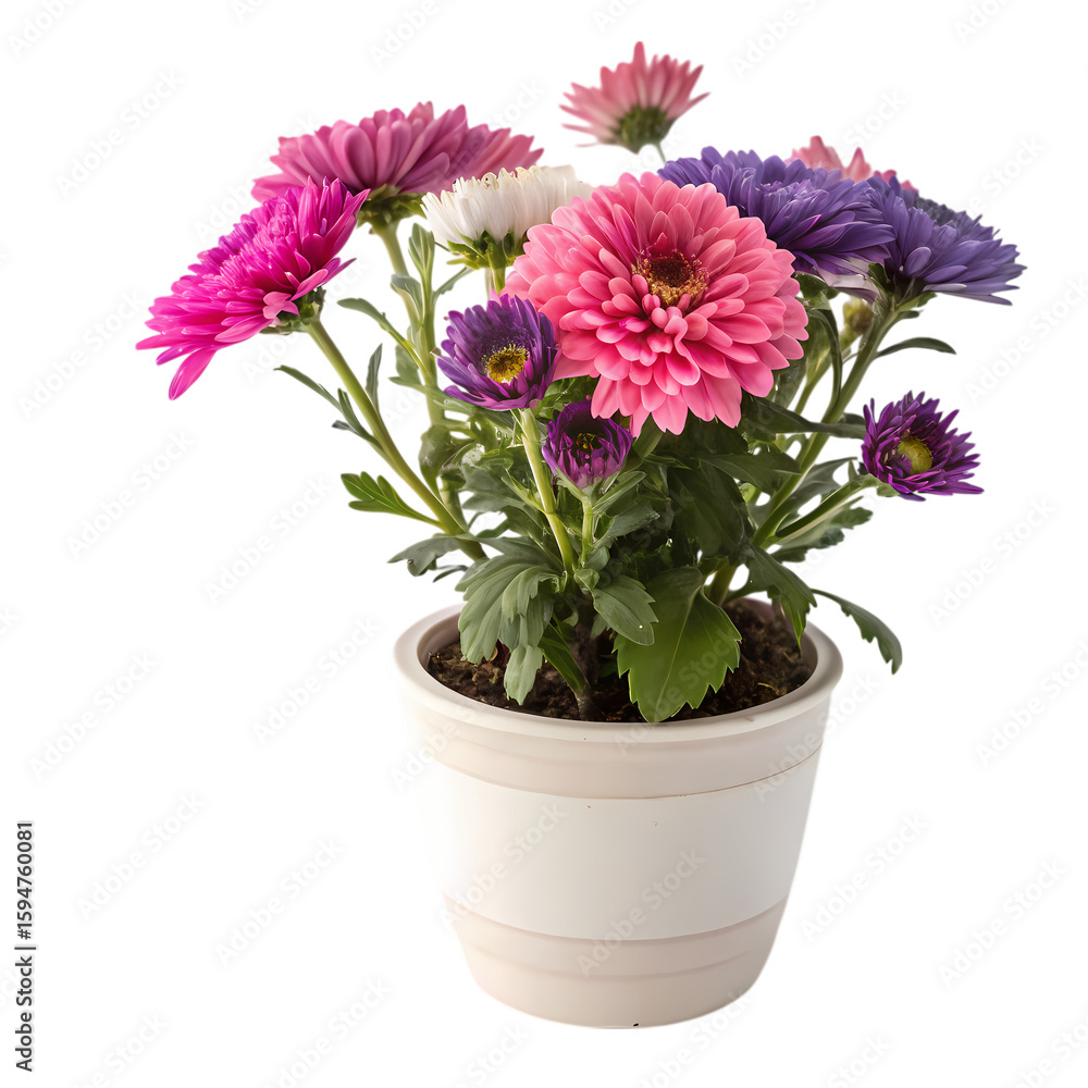 Fototapeta premium Potted Chrysanthemum Blooms in Vibrant Hues on transparent background