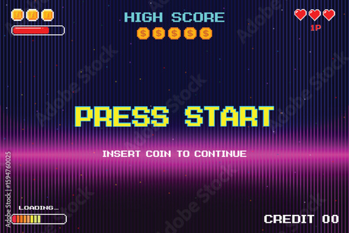PRESS START. INSERT A COIN TO CONTINUE. pixel art. 8 bit game. retro game. for game assets. Retro Futurism Sci-Fi Background. glowing neon grid and stars from vintage arcade computer games