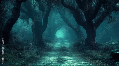 Mysterious path through a dark, foggy forest with ancient trees.