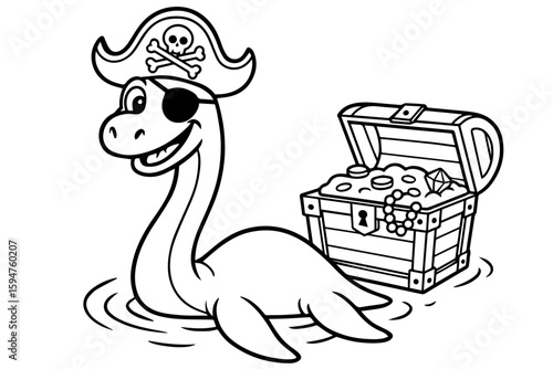 Pirate Plesiosaur with Treasure Chest Isolated Vector Coloring Page