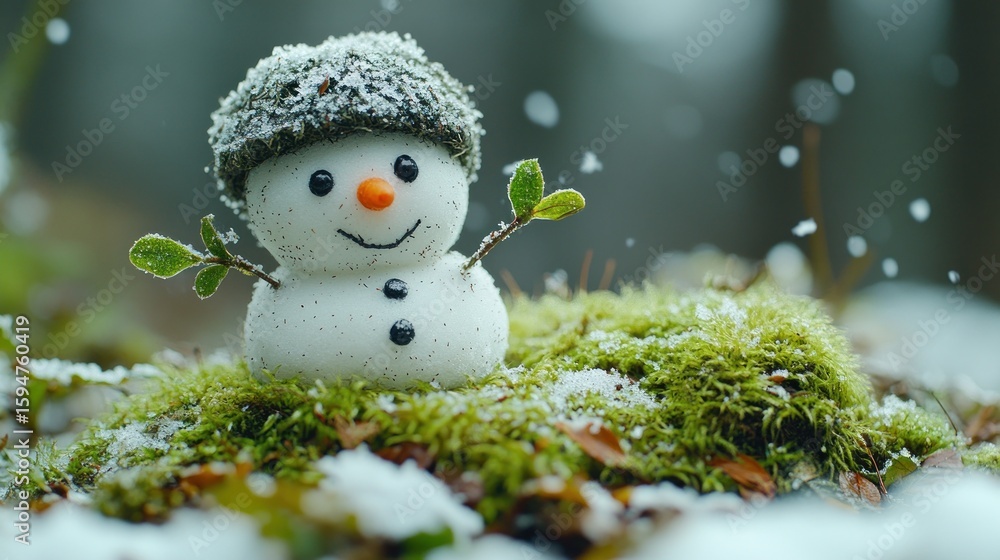 Small snowman in a hat on mossy ground with snowfall. Small snowman in a hat on mossy ground with snowfall.
