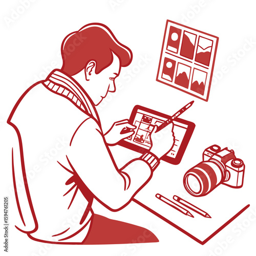 Man Editing Photos on Digital Tablet at Desk